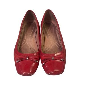 Women’s red ballet flats, red patent leather, size 8.5 well worn